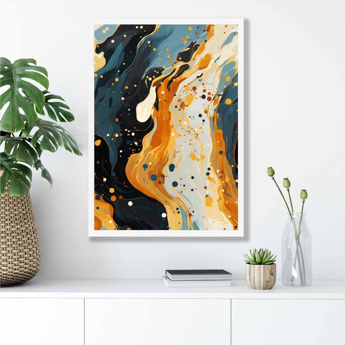 Abstract Painting Fluid Art Print Blue Orange and Beige No 2