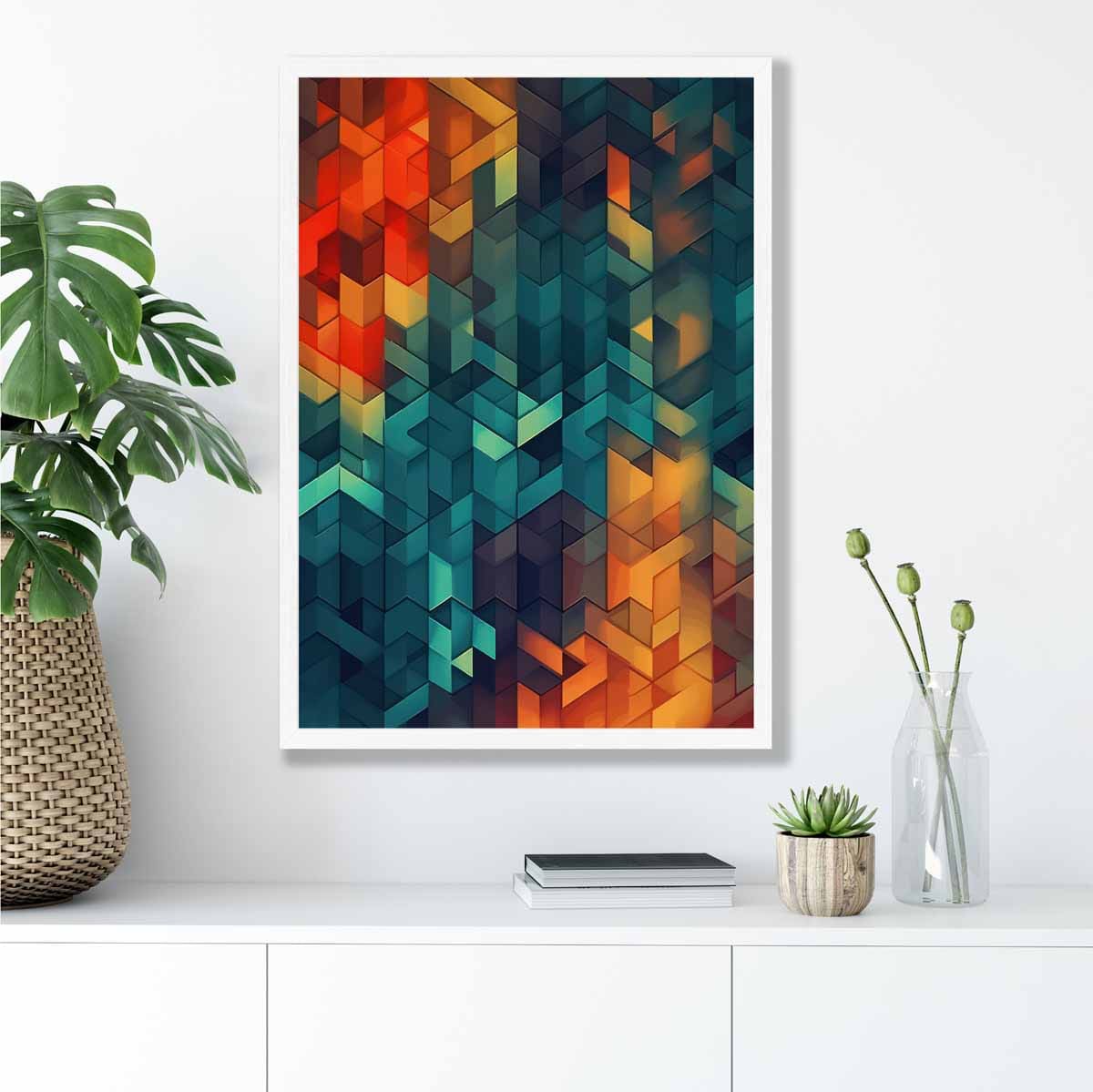 Abstract Geometric Shapes Art Print Blue Orange and Red No 3