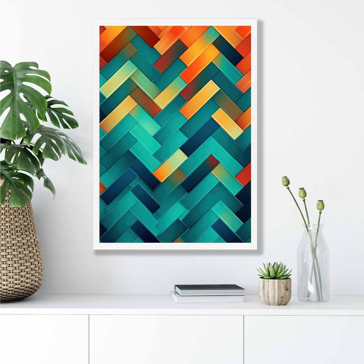 Abstract Geometric Shapes Art Print Teal Blue Orange and Red No 1