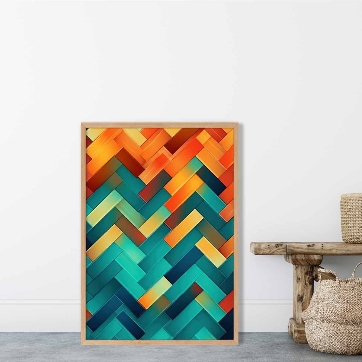 Abstract Geometric Shapes Art Print Teal Blue Orange and Red No 2