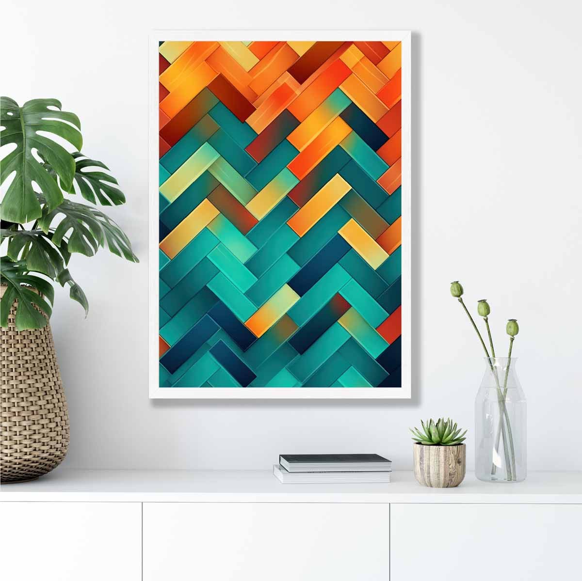 Abstract Geometric Shapes Art Print Teal Blue Orange and Red No 2