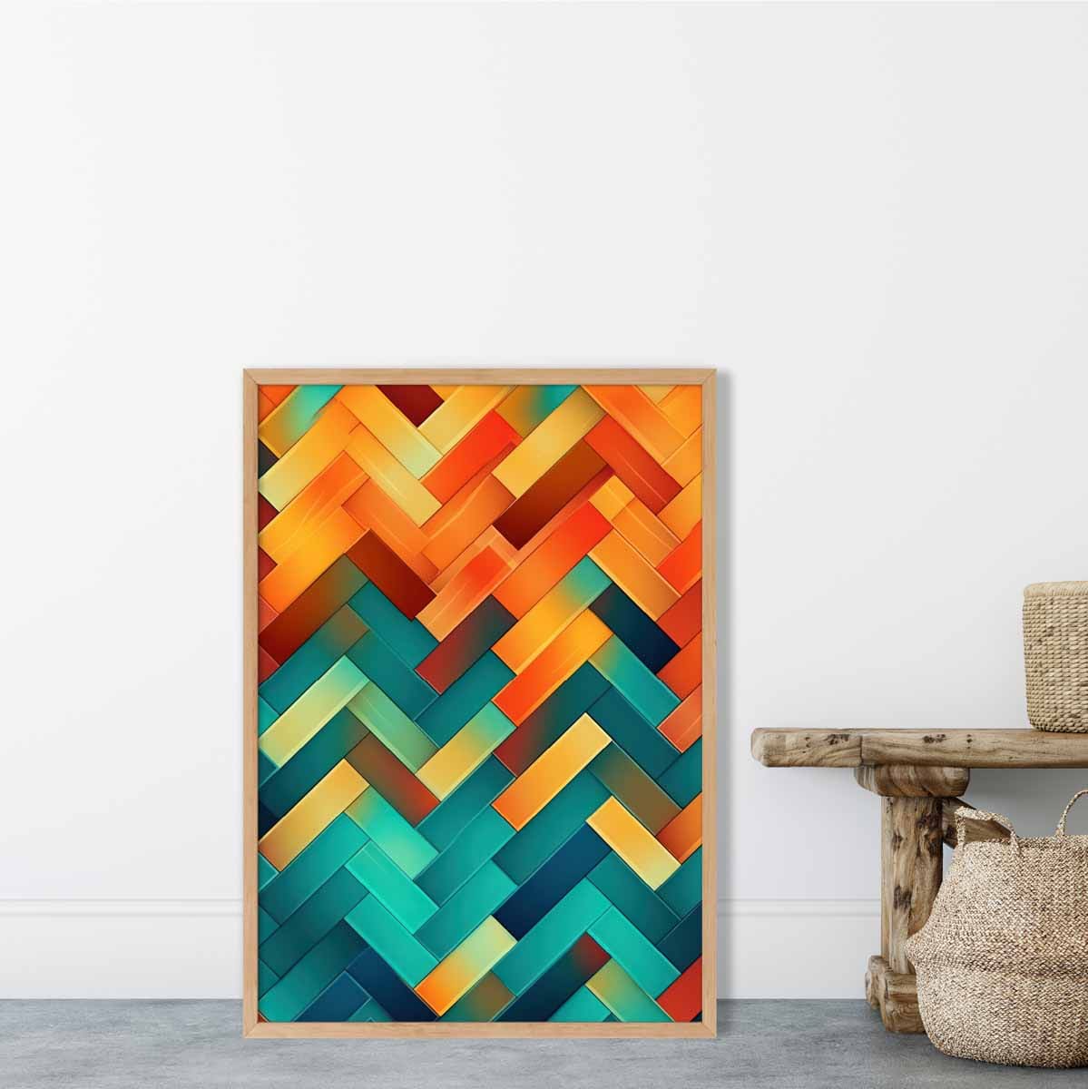 Abstract Geometric Shapes Art Print Teal Blue Orange and Red No 3