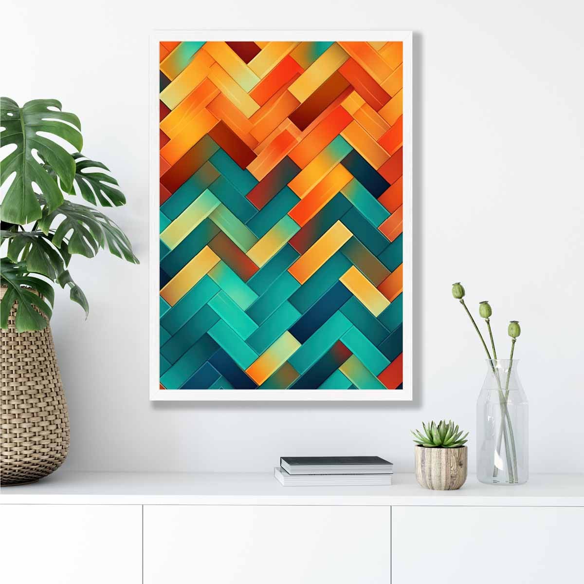 Abstract Geometric Shapes Art Print Teal Blue Orange and Red No 3