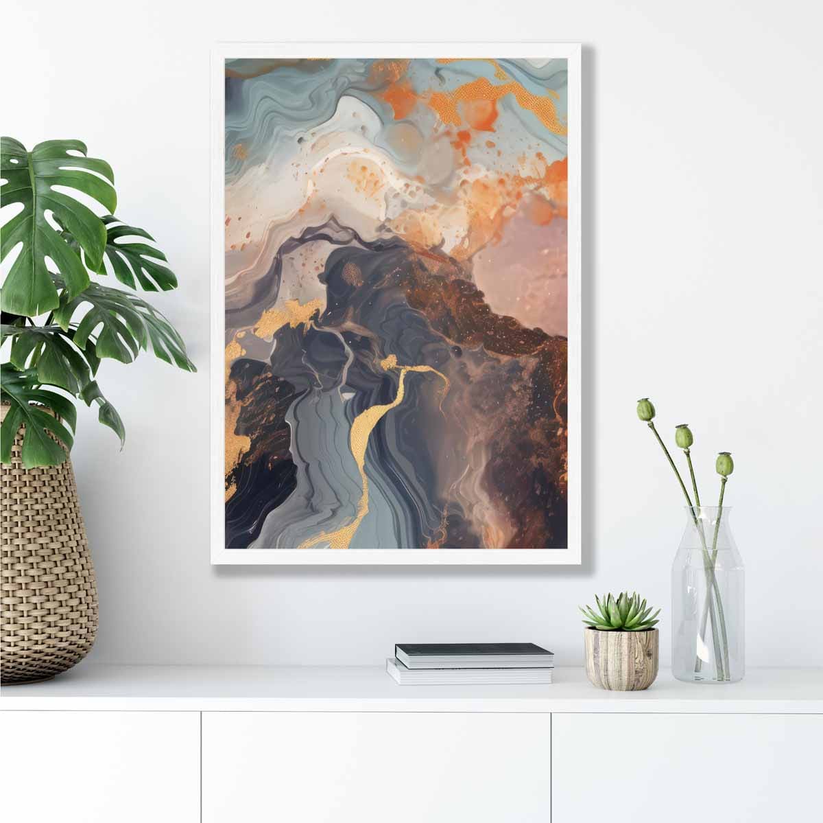 Abstract Painting Fluid Art Print Orange Grey and Gold No 4