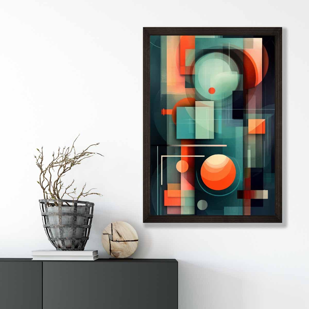 Modern Abstract Shapes Art Print Navy Blue and Orange No 1