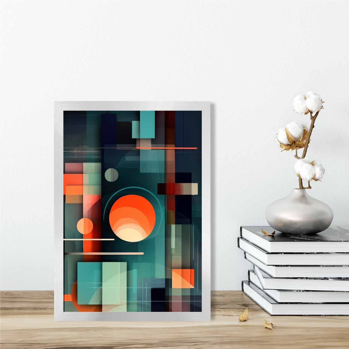 Modern Abstract Shapes Art Print Navy Blue and Orange No 2