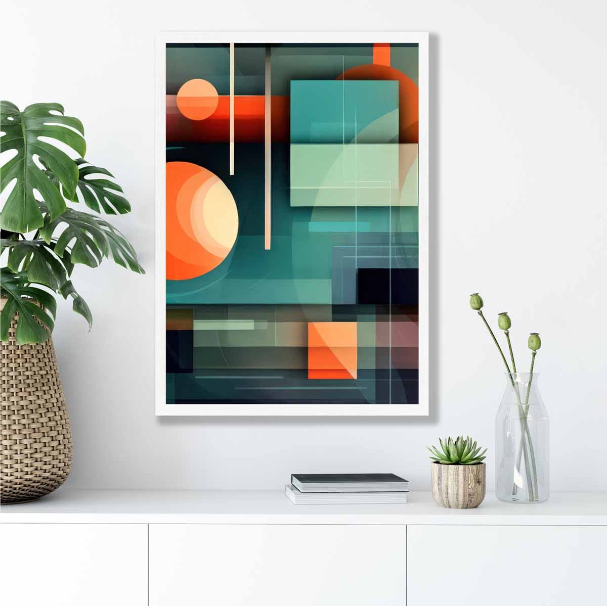 Modern Abstract Shapes Art Print Navy Blue and Orange No 5