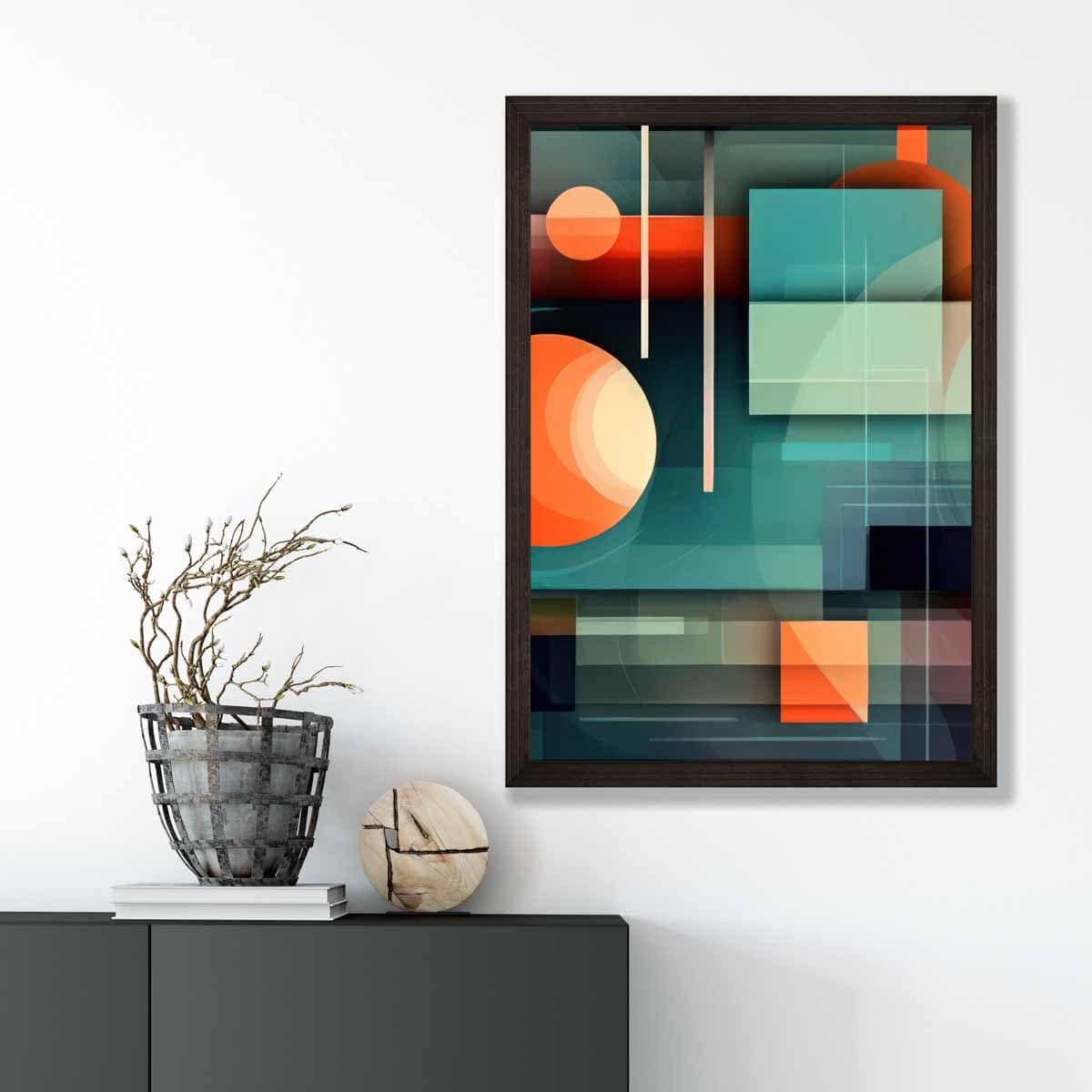 Modern Abstract Shapes Art Print Navy Blue and Orange No 5
