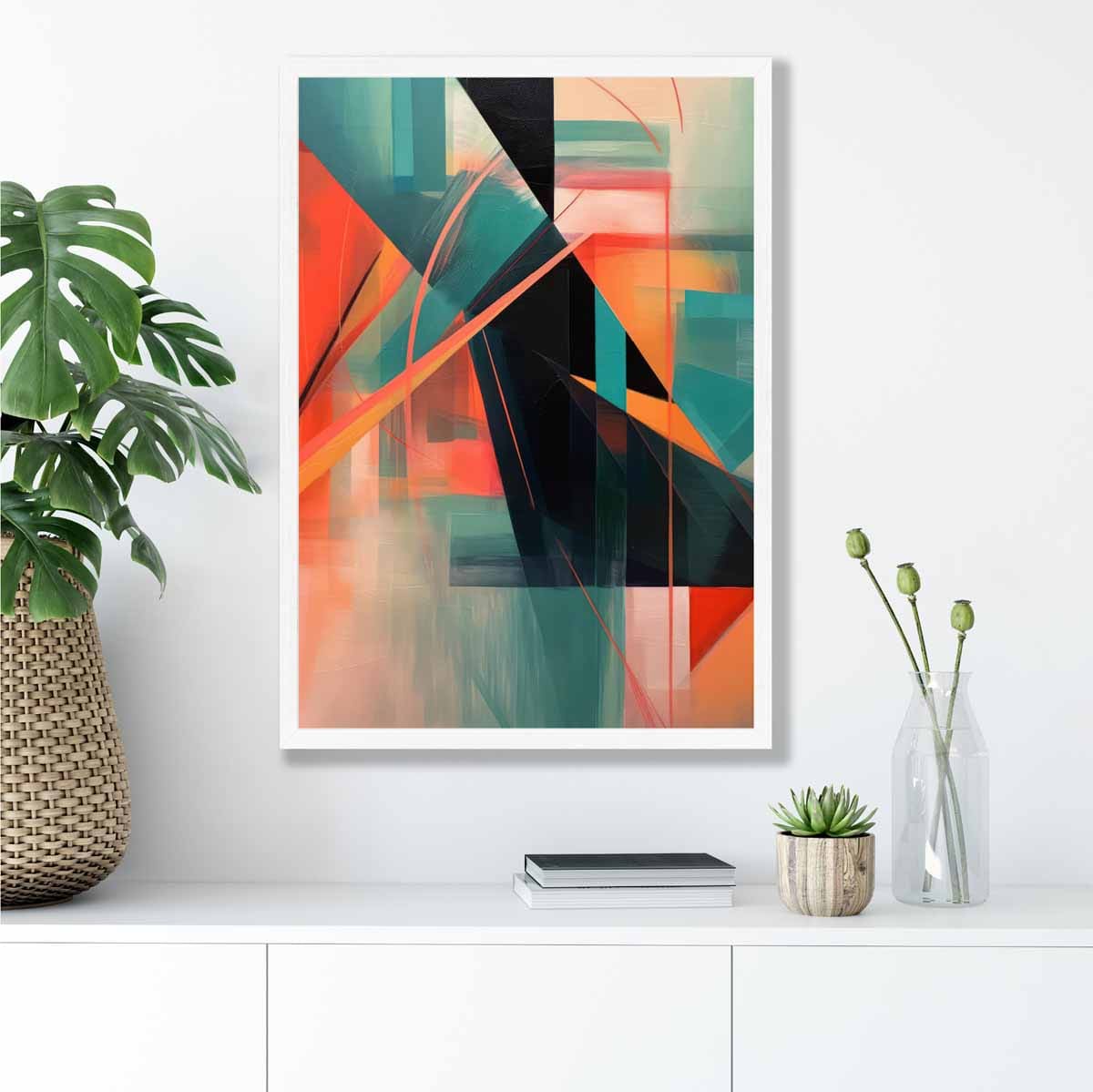 Modern Abstract Shapes Wall Art Poster Teal Blue Orange and Black No 1