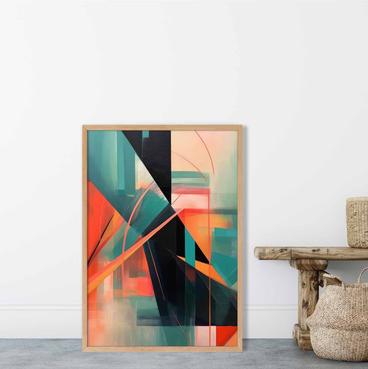 Modern Abstract Shapes Wall Art Poster Teal Blue Orange and Black No 2