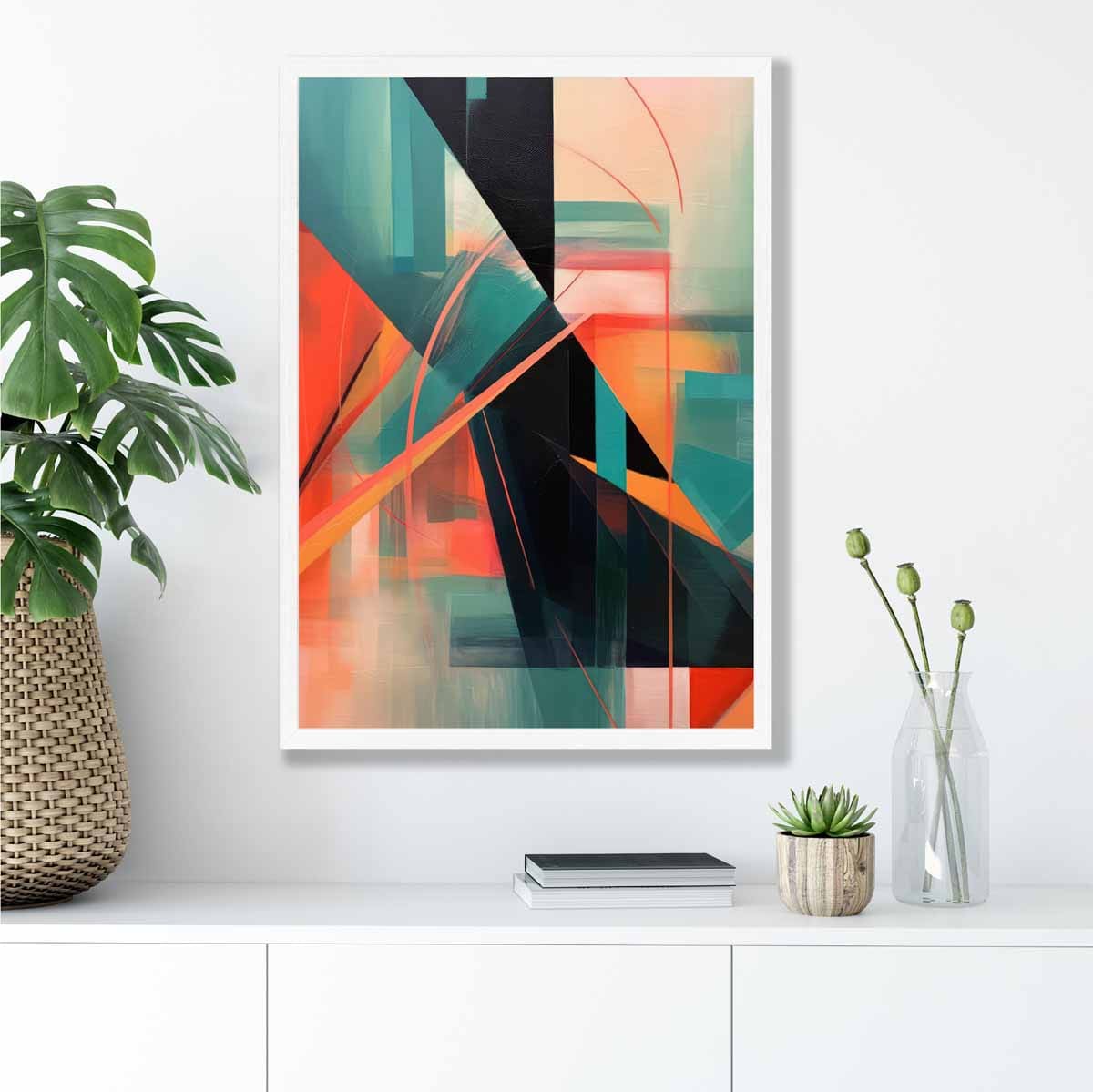 Modern Abstract Shapes Wall Art Poster Teal Blue Orange and Black No 2