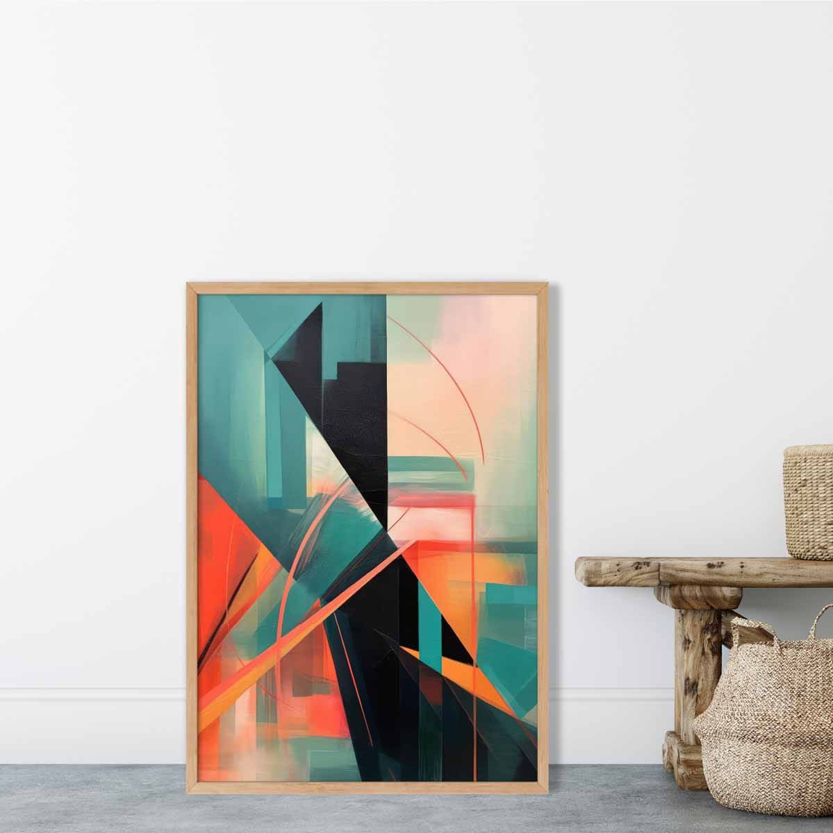 Modern Abstract Shapes Wall Art Poster Teal Blue Orange and Black No 3