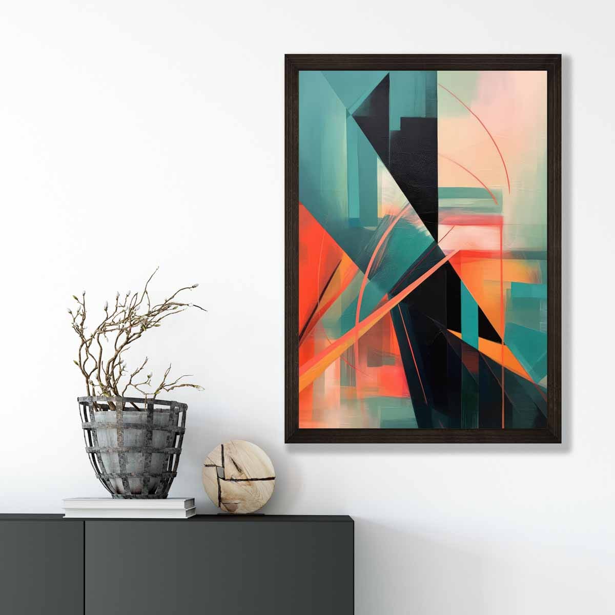 Modern Abstract Shapes Wall Art Poster Teal Blue Orange and Black No 3