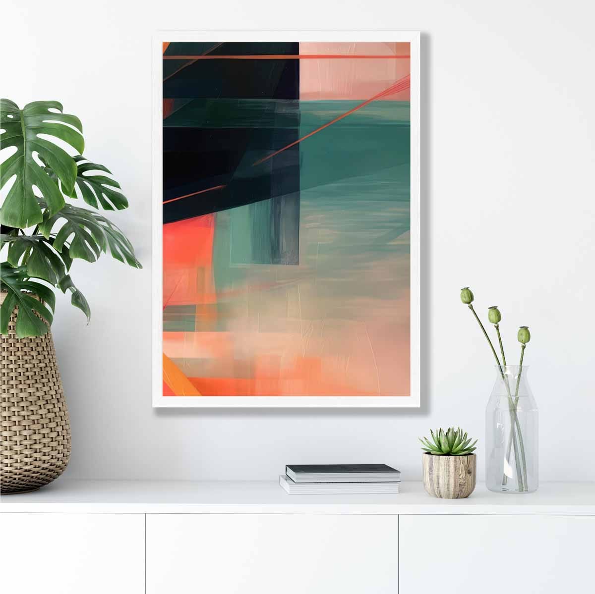 Modern Abstract Shapes Wall Art Poster Teal Blue Orange and Black No 6