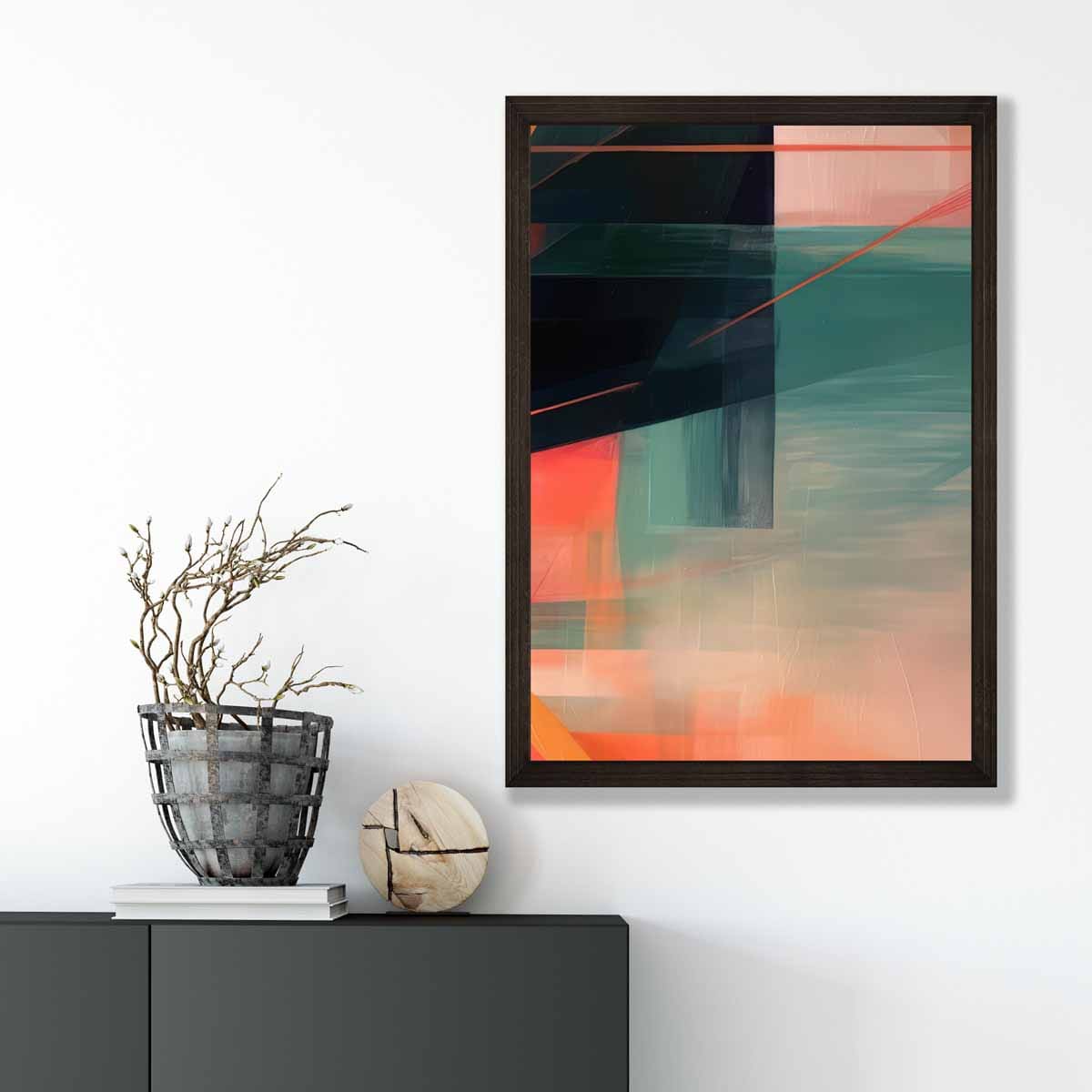 Modern Abstract Shapes Wall Art Poster Teal Blue Orange and Black No 6
