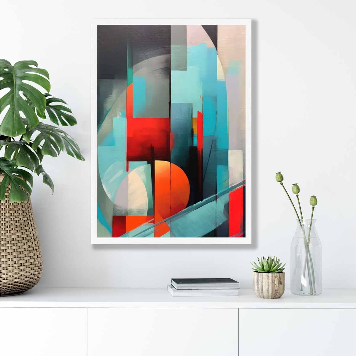 Modern Abstract Shapes Wall Art Poster Blue Red and Grey No 3