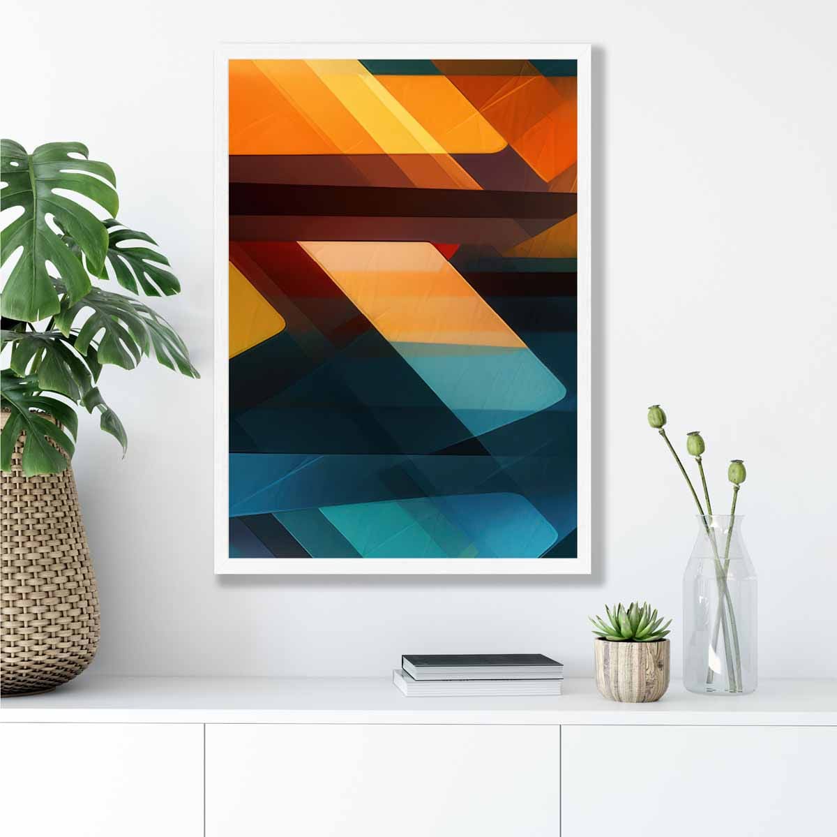 Modern Abstract Shapes and Lines Art Print Blue Orange and Green No 1