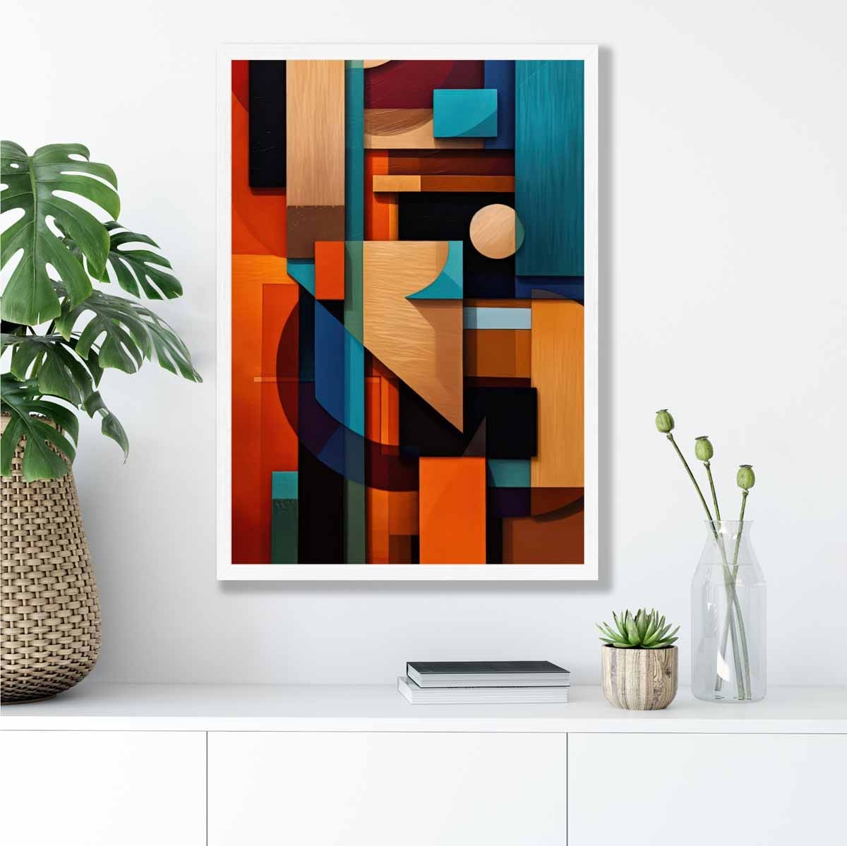 Modern Abstract Shapes Art Print Blue Orange and Beige No 1