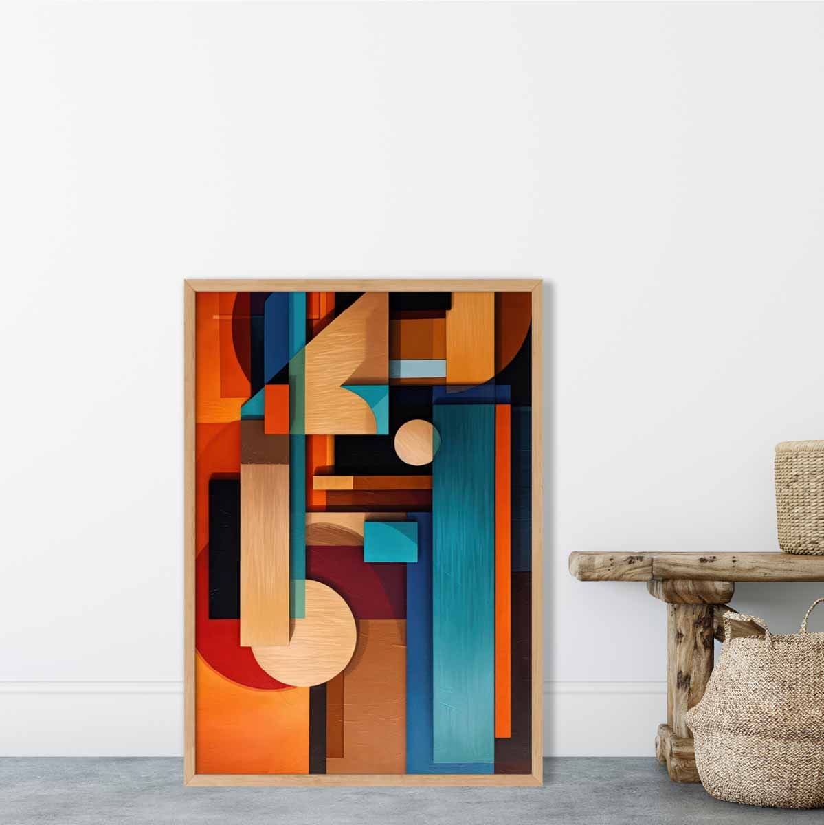 Modern Abstract Shapes Art Print Blue Orange and Beige No 3