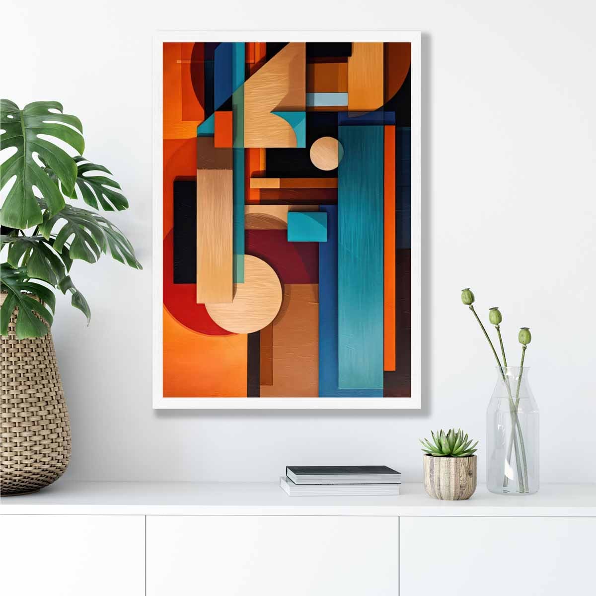 Modern Abstract Shapes Art Print Blue Orange and Beige No 3