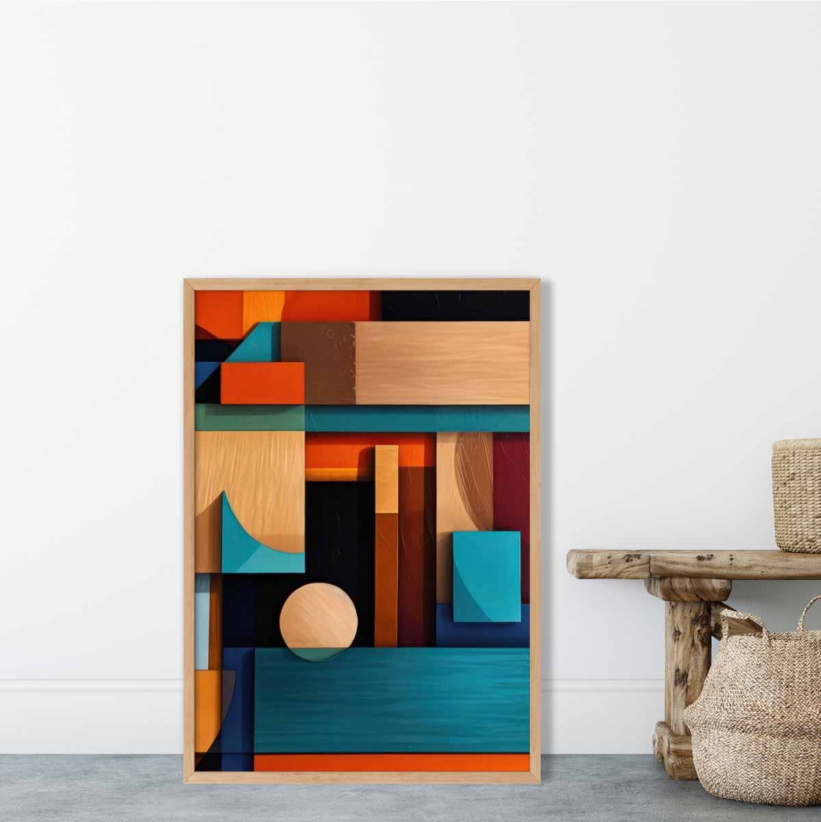 Modern Abstract Shapes Art Print Blue Orange and Beige No 5