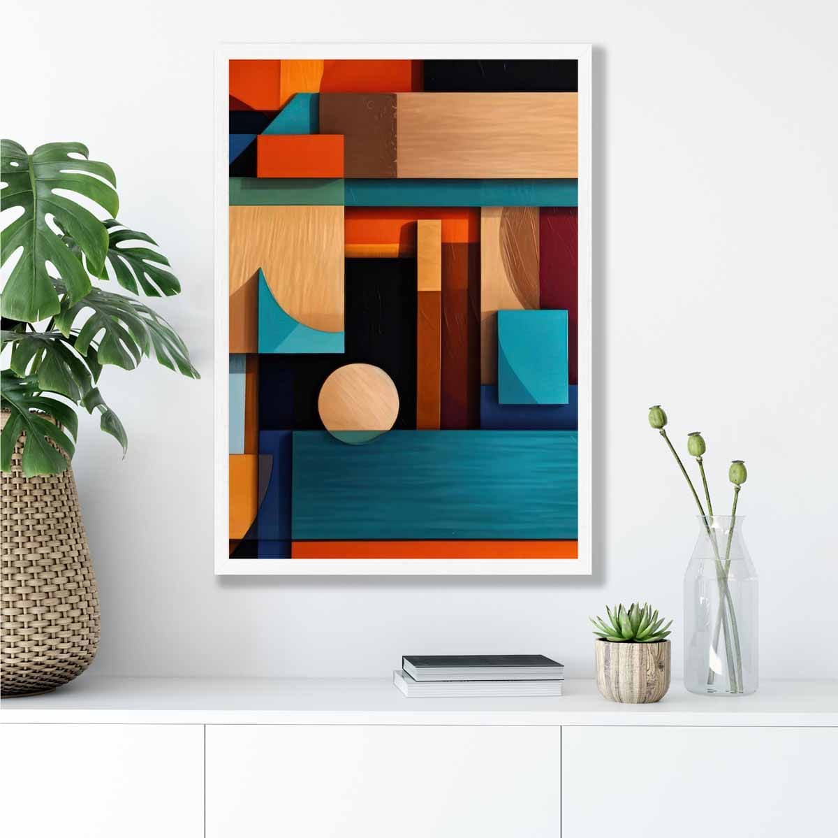 Modern Abstract Shapes Art Print Blue Orange and Beige No 5