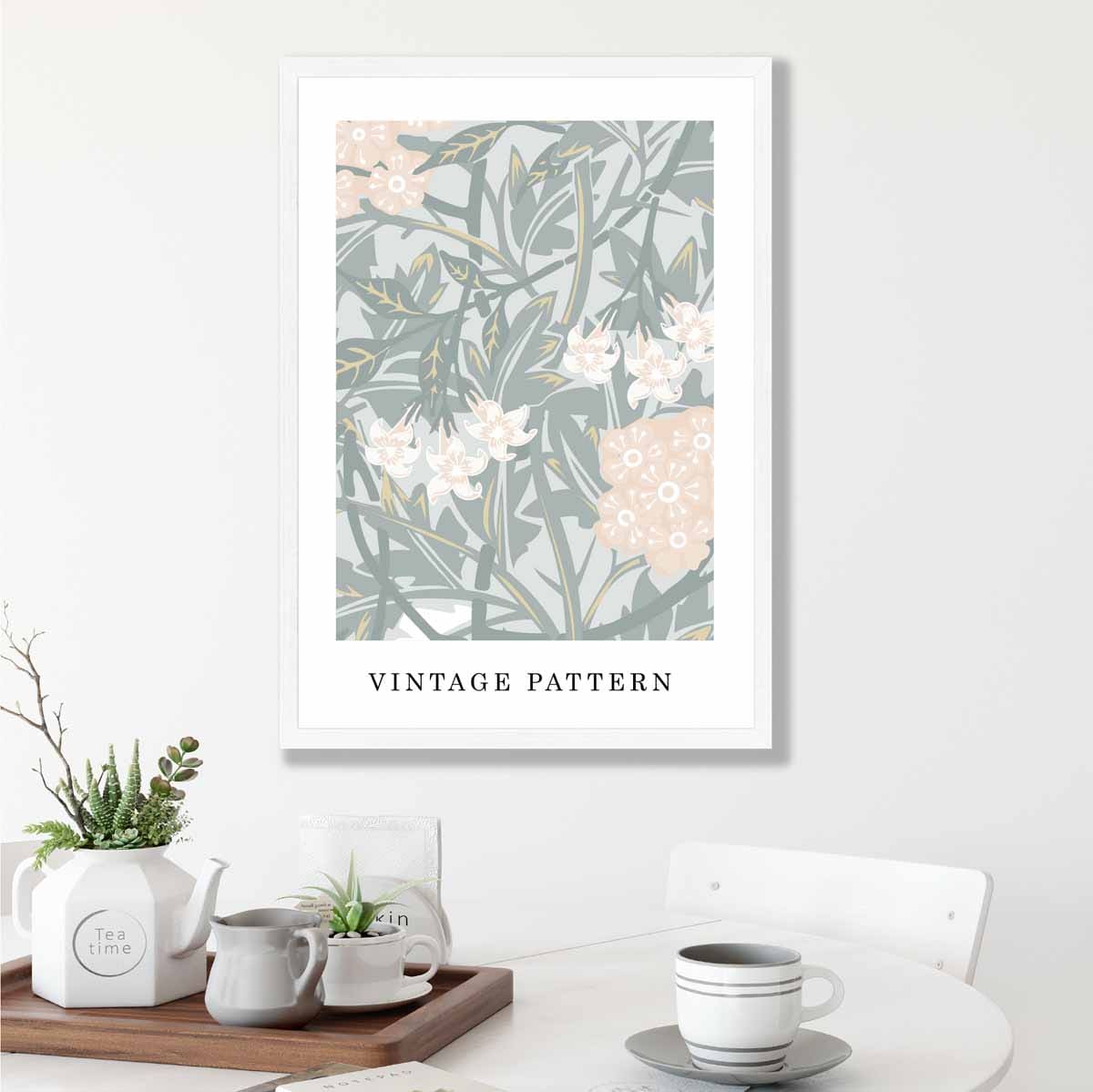 William Morris Iris Floral Vintage Poster in Pastel Green and Peach