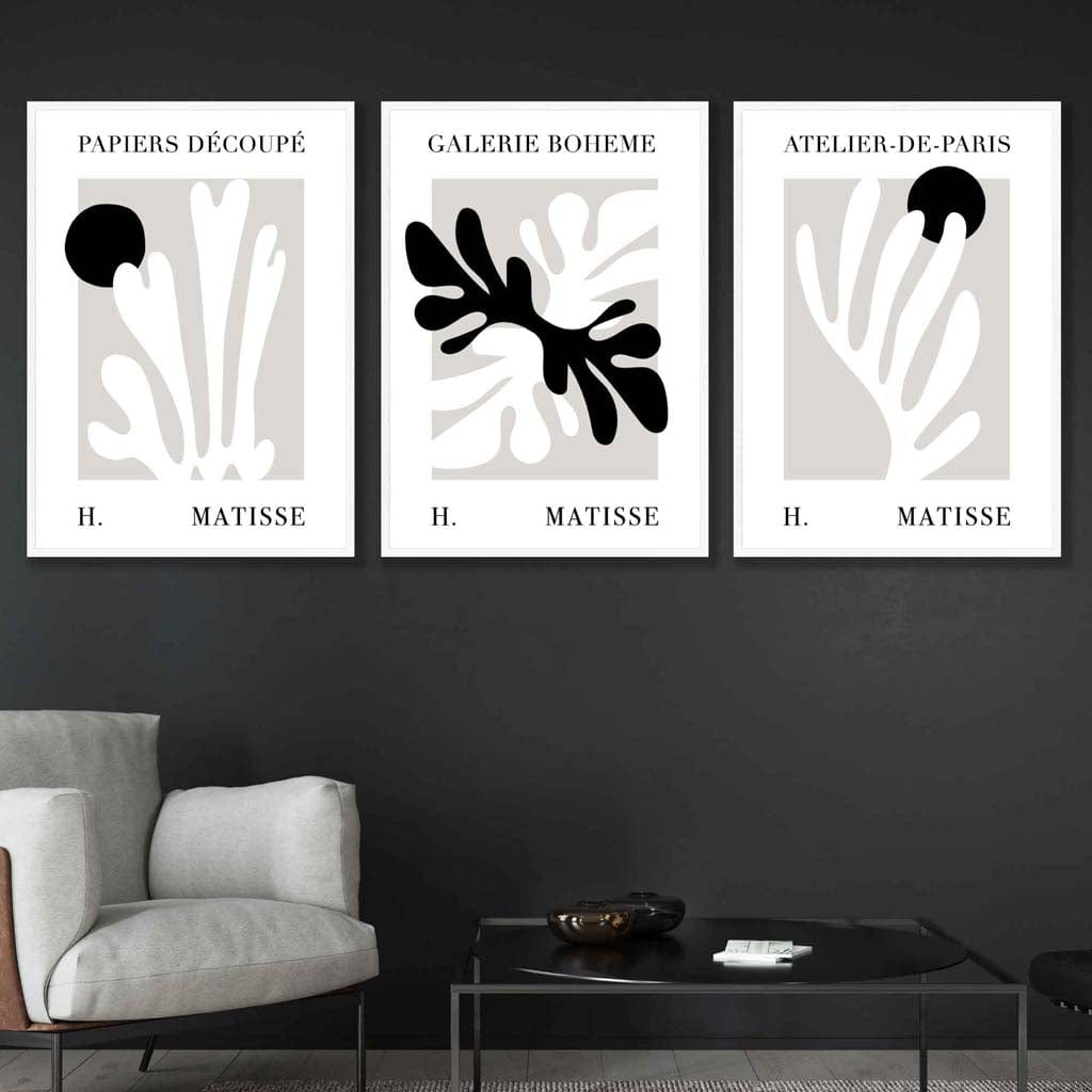 Matisse Floral Cut Out Style Set of 3 Wall Art Prints in Black & Beige