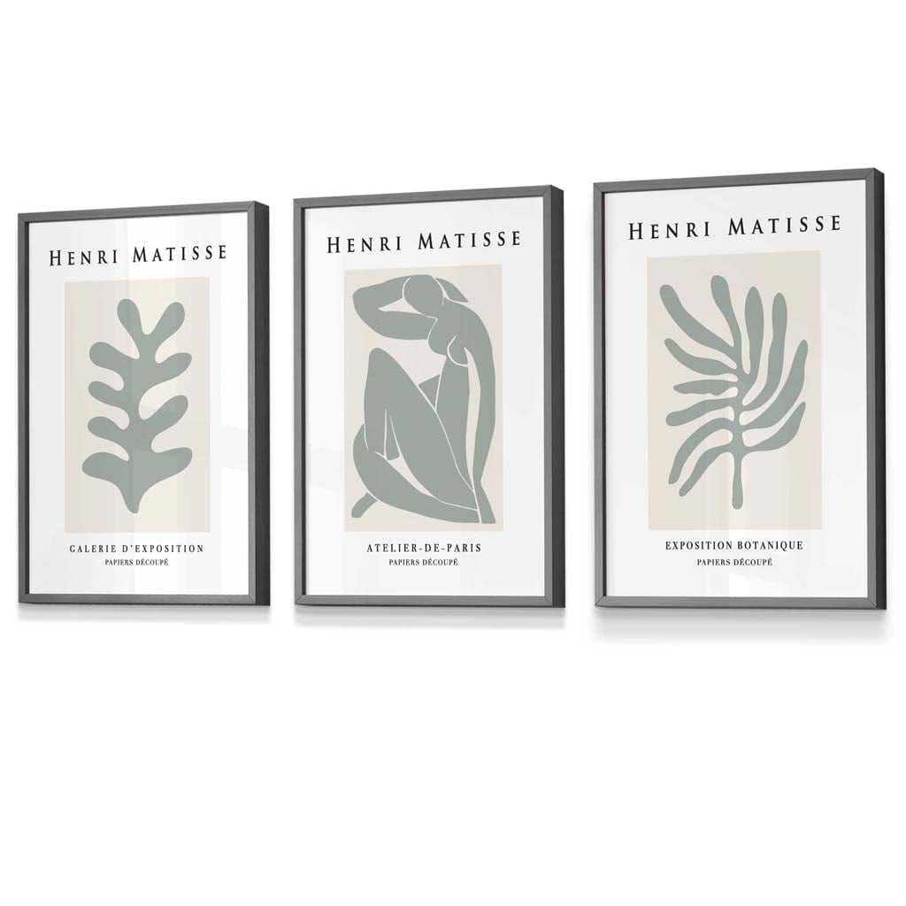 Matisse Floral and Nude Set of 3 Wall Art Prints / Framed in Sage Green | Artze Wall Art UK