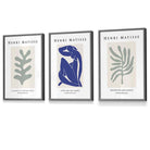 Set of 3 Framed Wall Art Prints Matisse Botanical Shapes with Nude in Green & Blue | Artze Wall Art UK