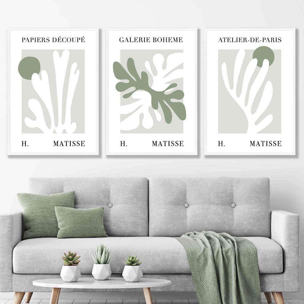 Matisse Floral Cut Out Style Set of 3 Prints in Green & Beige