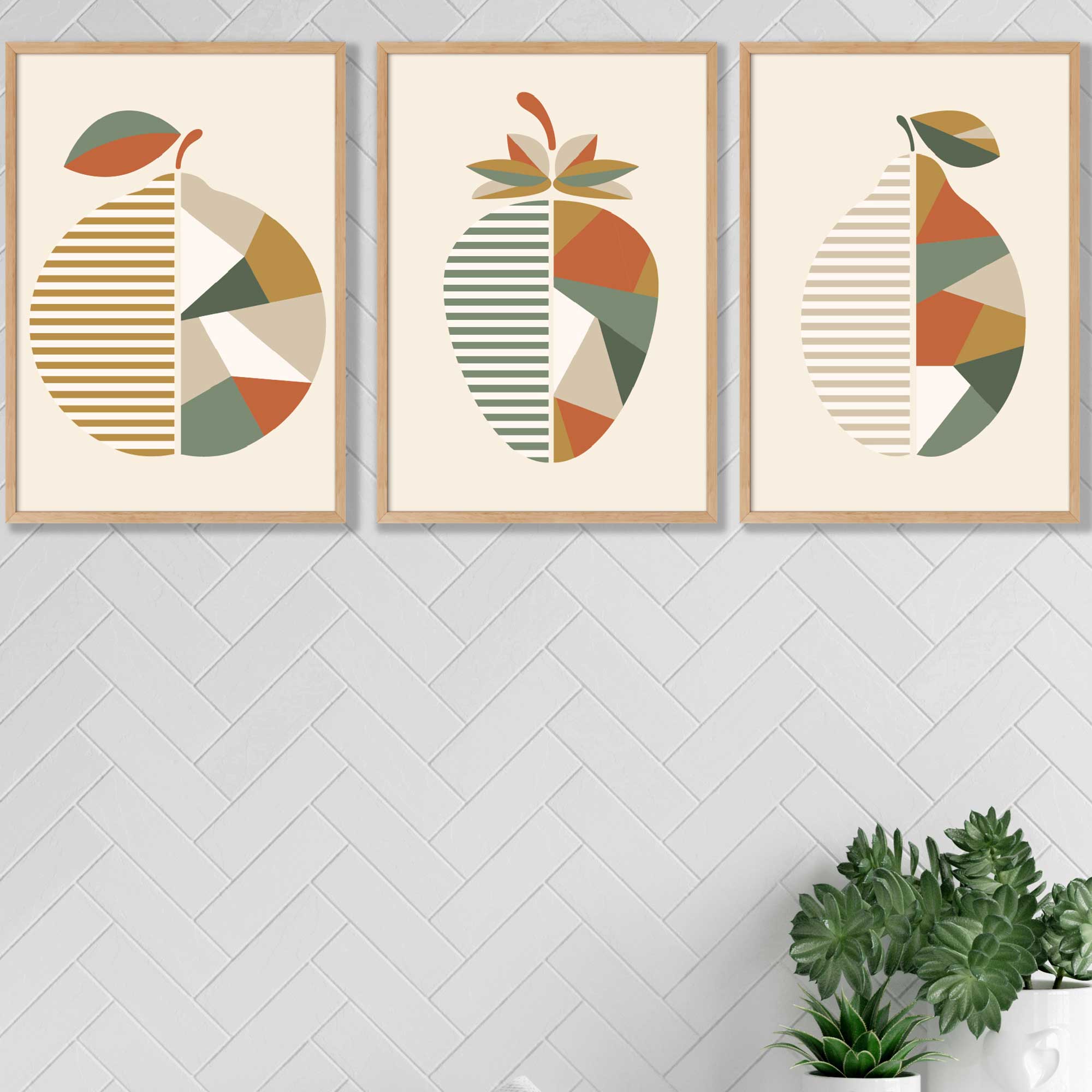 Set of 3 Autumn Geometric Strawberry Fruit Wall Art