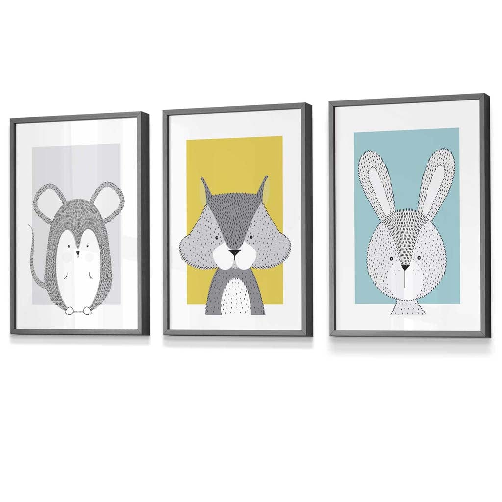 Nursery Set of 3 Scandinavian Prints / Framed Sketch Woodland Animals Blue Yellow Grey | Artze Wall Art UK