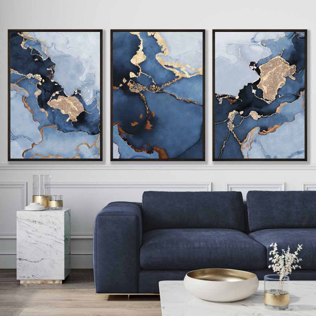 Framed Set of 3 Abstract Art Prints Navy Blue / Gold | Artze UK – Artze ...