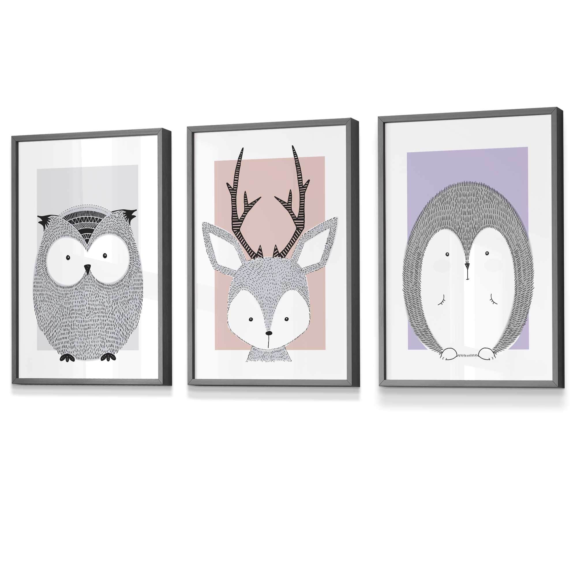 Set of 3 Nursery Scandinavian Sketch Forest Animals Prints / Framed in Pink Lilac Grey | Artze Wall Art UK