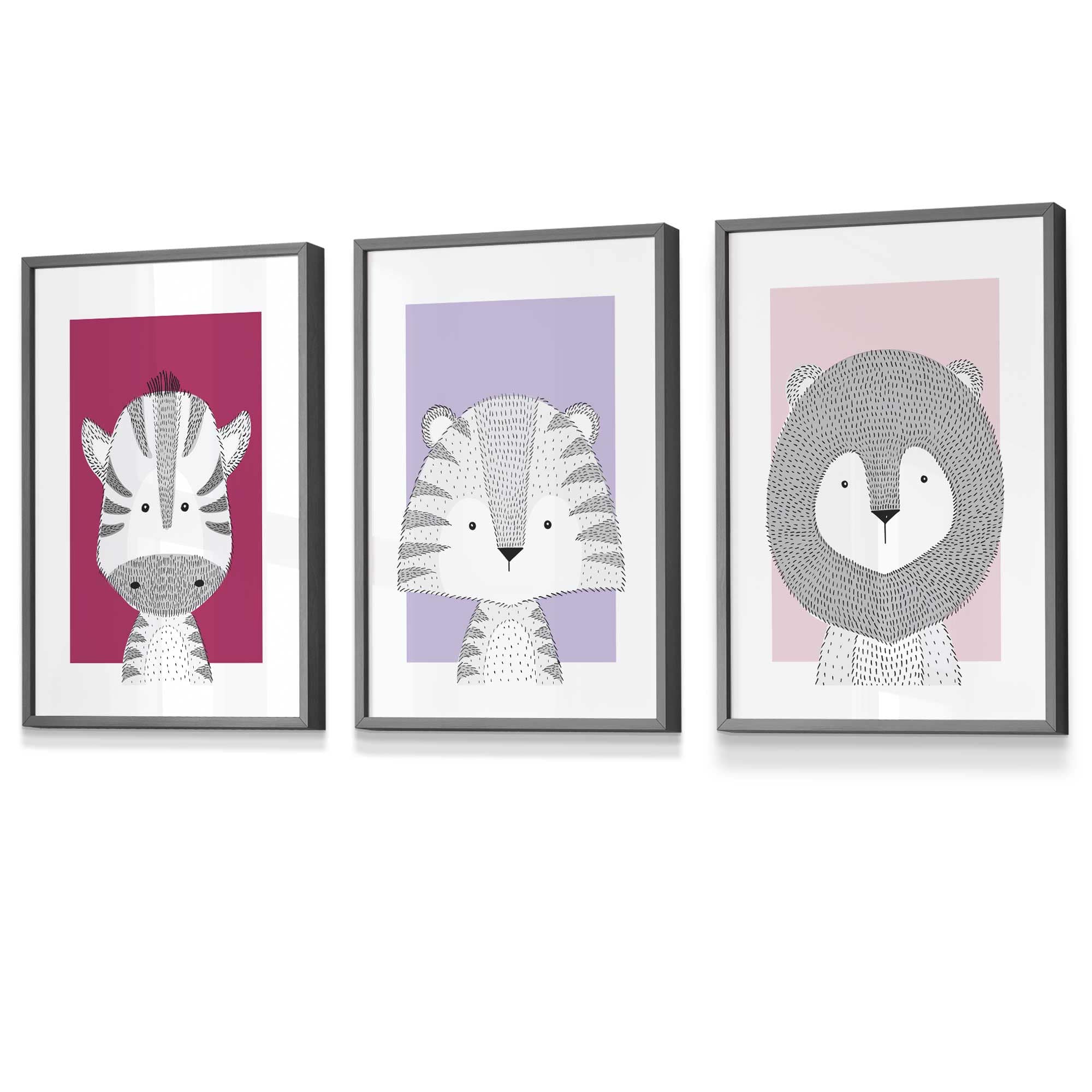 Set of 3 Nursery Wall Art Prints / Framed Scandinavian Sketch Jungle Animals in Pinks and Lilac | Artze Wall Art UK