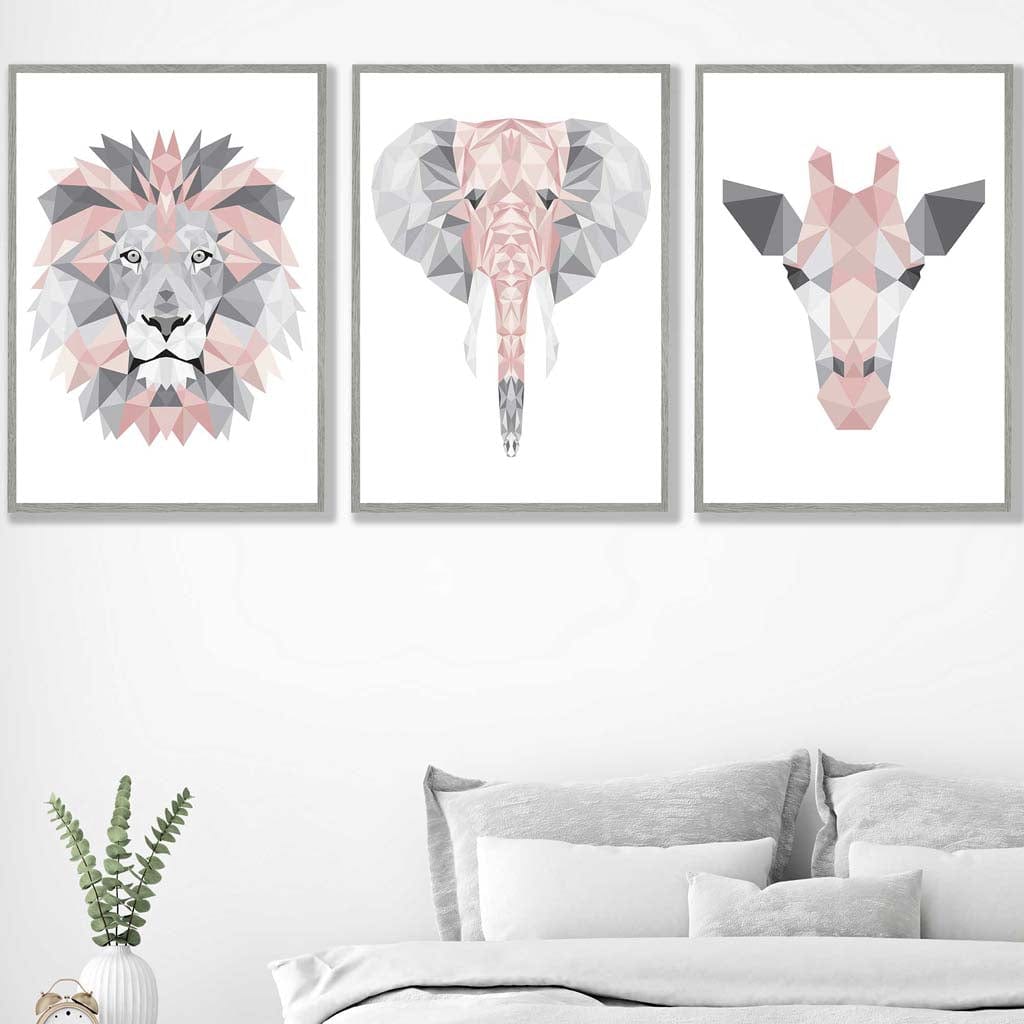 GEOMETRIC set of 3 BLUSH PINK & Grey Art Prints Jungle Heads Giraffe Lion Elephant