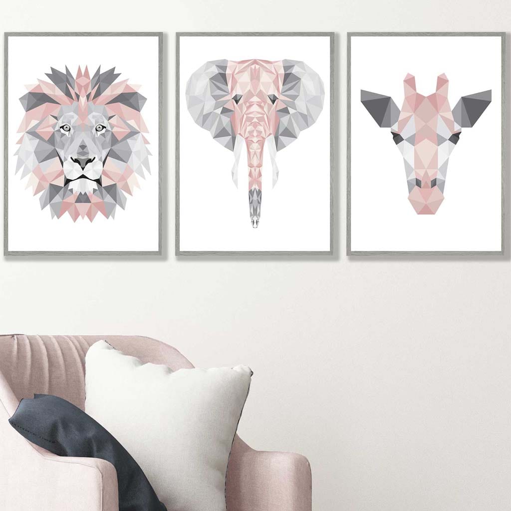 GEOMETRIC set of 3 BLUSH PINK & Grey Art Prints Jungle Heads Giraffe Lion Elephant