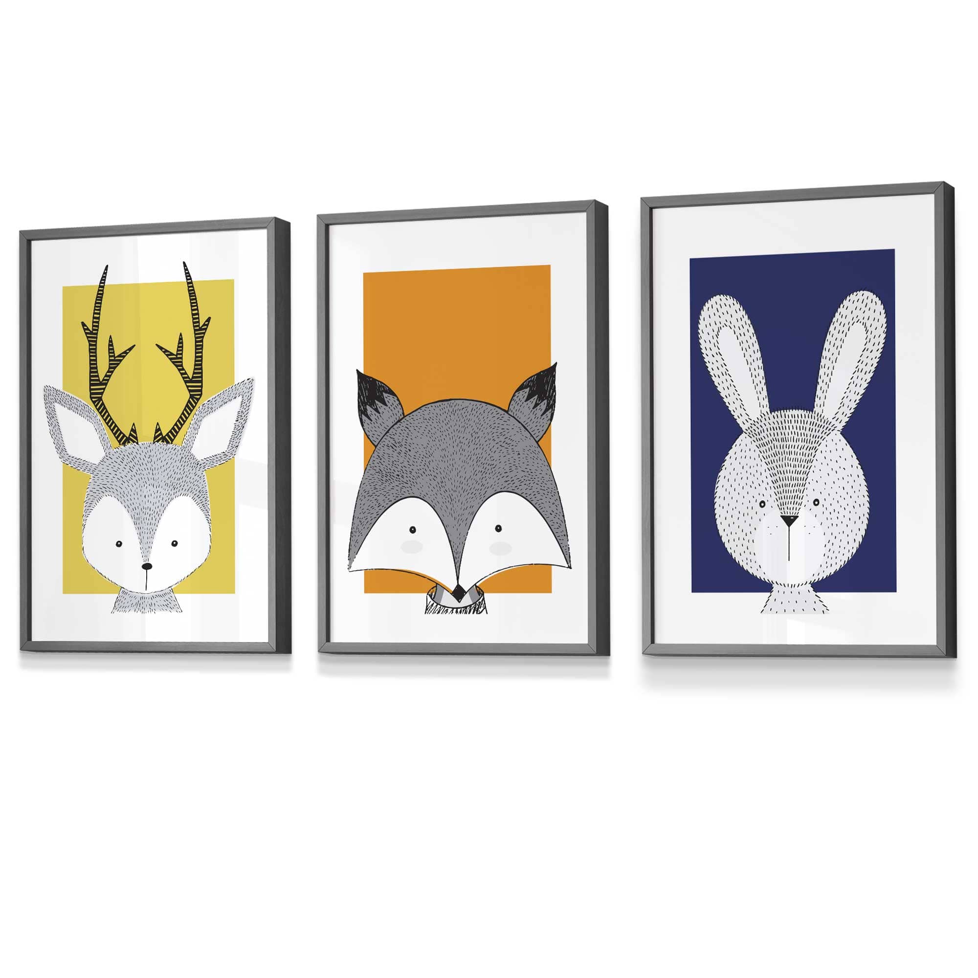 Set of 3 Nursery Sketch Forest Animals Art Prints / Framed in Navy Blue, Orange & Yellow | Artze Wall Art UK