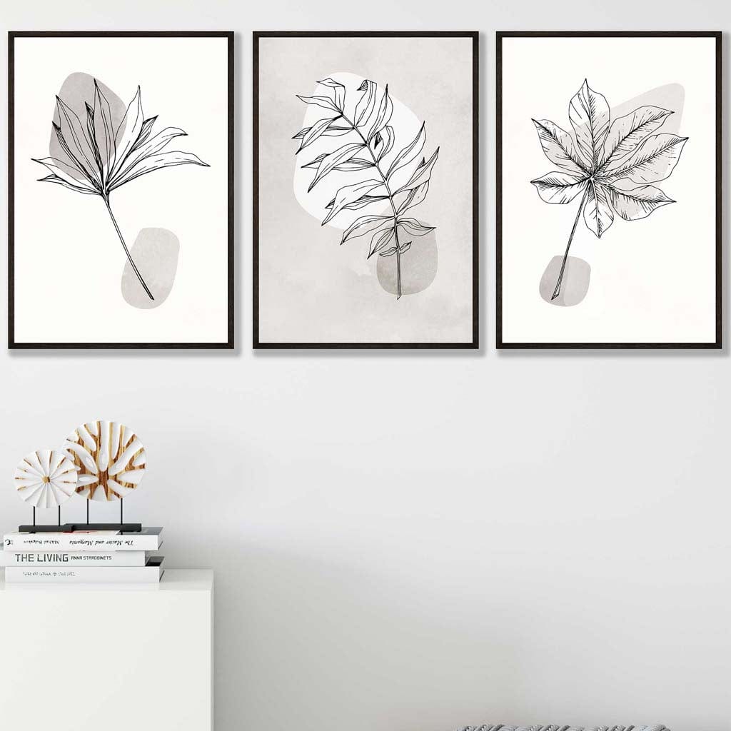 Set of 3 Grey Beige Botanical Line Art Posters