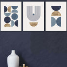 Set of 3 Geometric Wall Art Posters in Blue and Gold