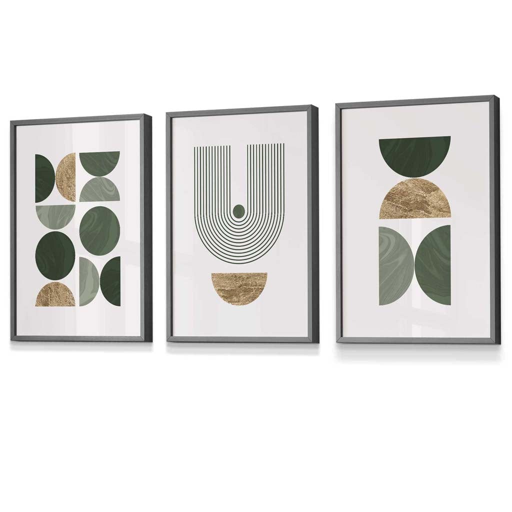 Set of 3 Mid Century Geometric in Green and Gold Framed Wall Art | Artze Wall Art UK
