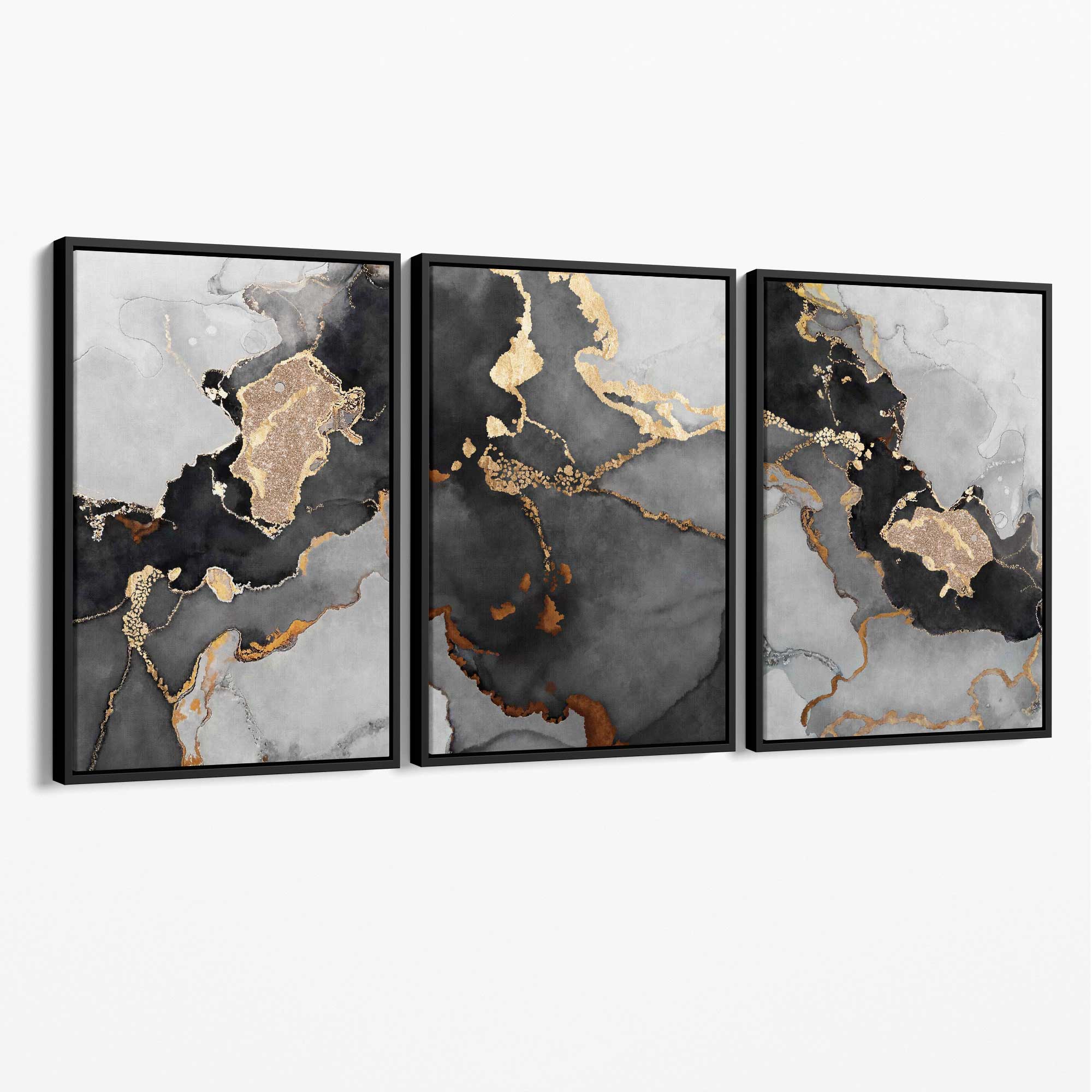 Set of 3 Abstract Marble Black, Grey and Gold Canvas Art Prints with Black Float Frame