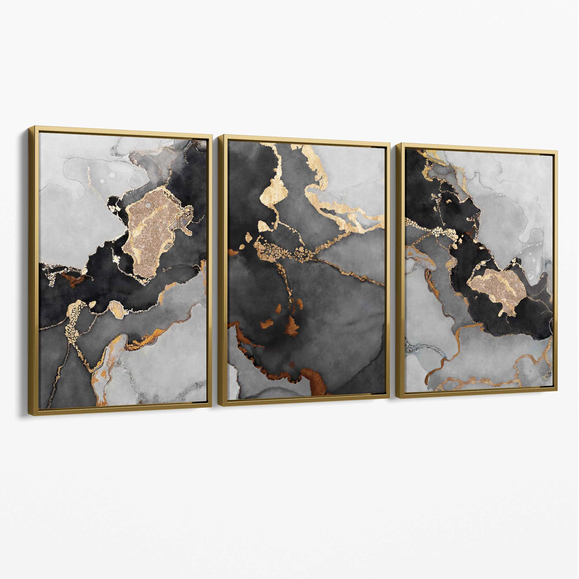 Set of 3 Abstract Marble Black, Grey and Gold Canvas Art Prints with Gold Float Frame