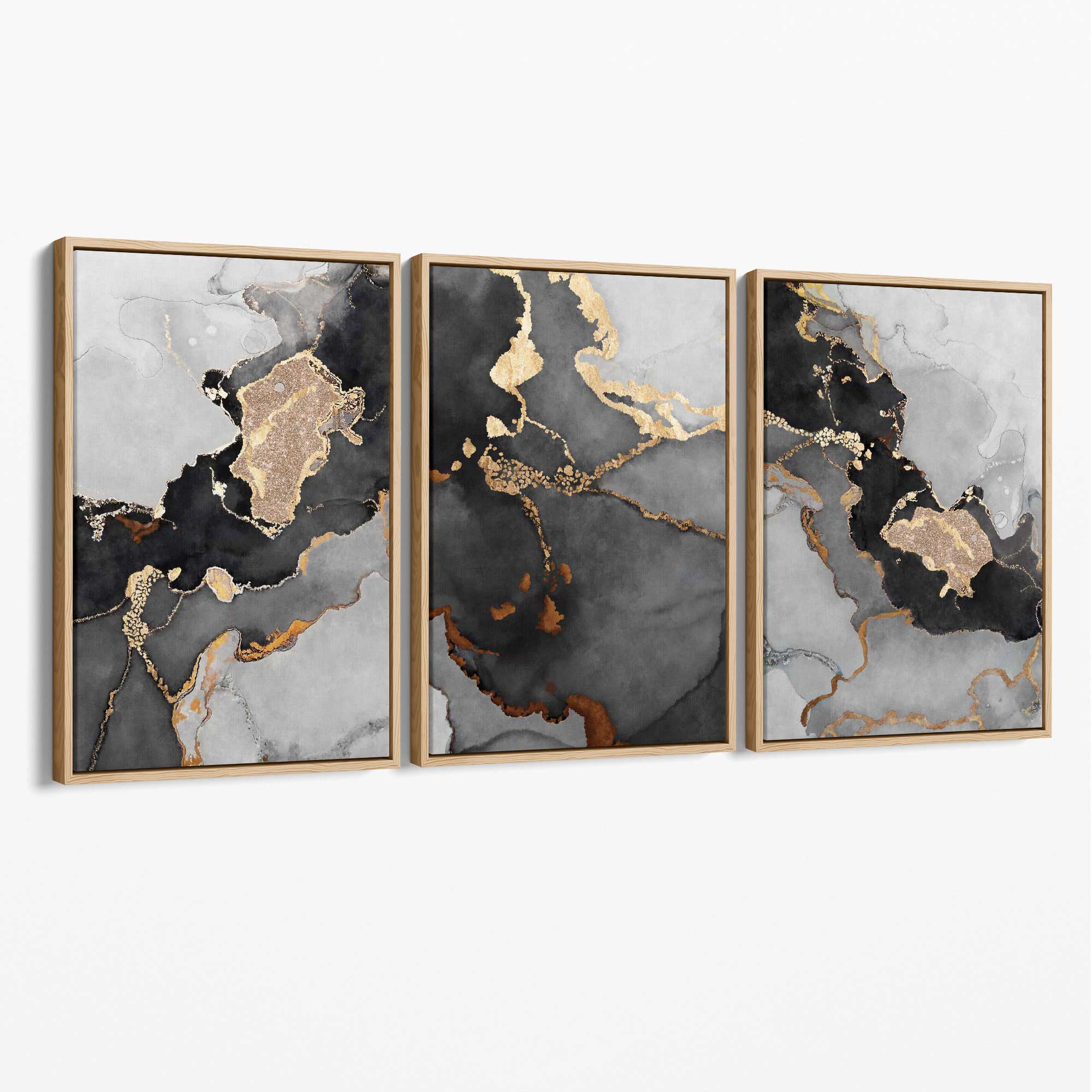 Set of 3 Abstract Marble Black, Grey and Gold Canvas Art Prints with Oak Float Frame