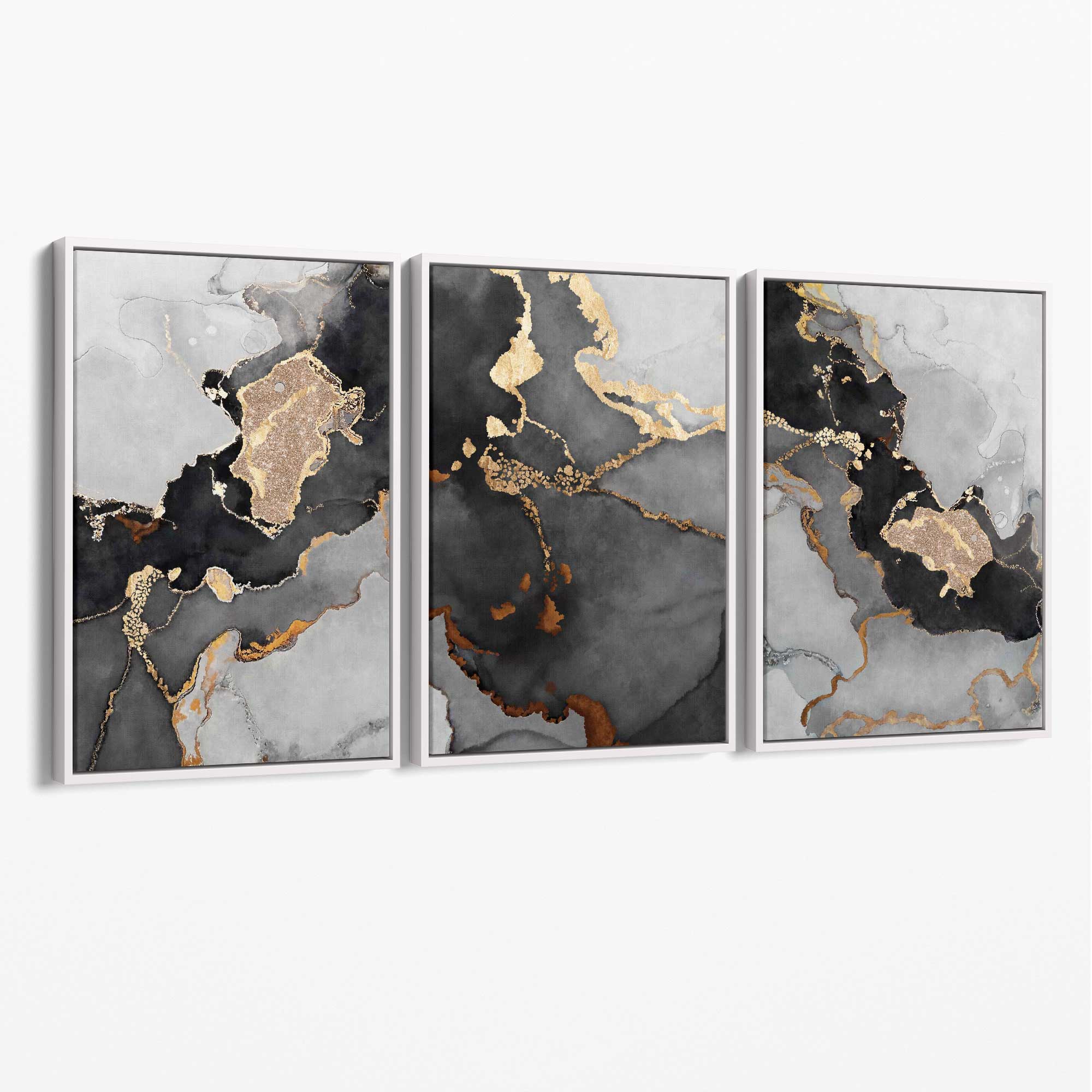 Set of 3 Abstract Marble Black, Grey and Gold Canvas Art Prints with White Float Frame