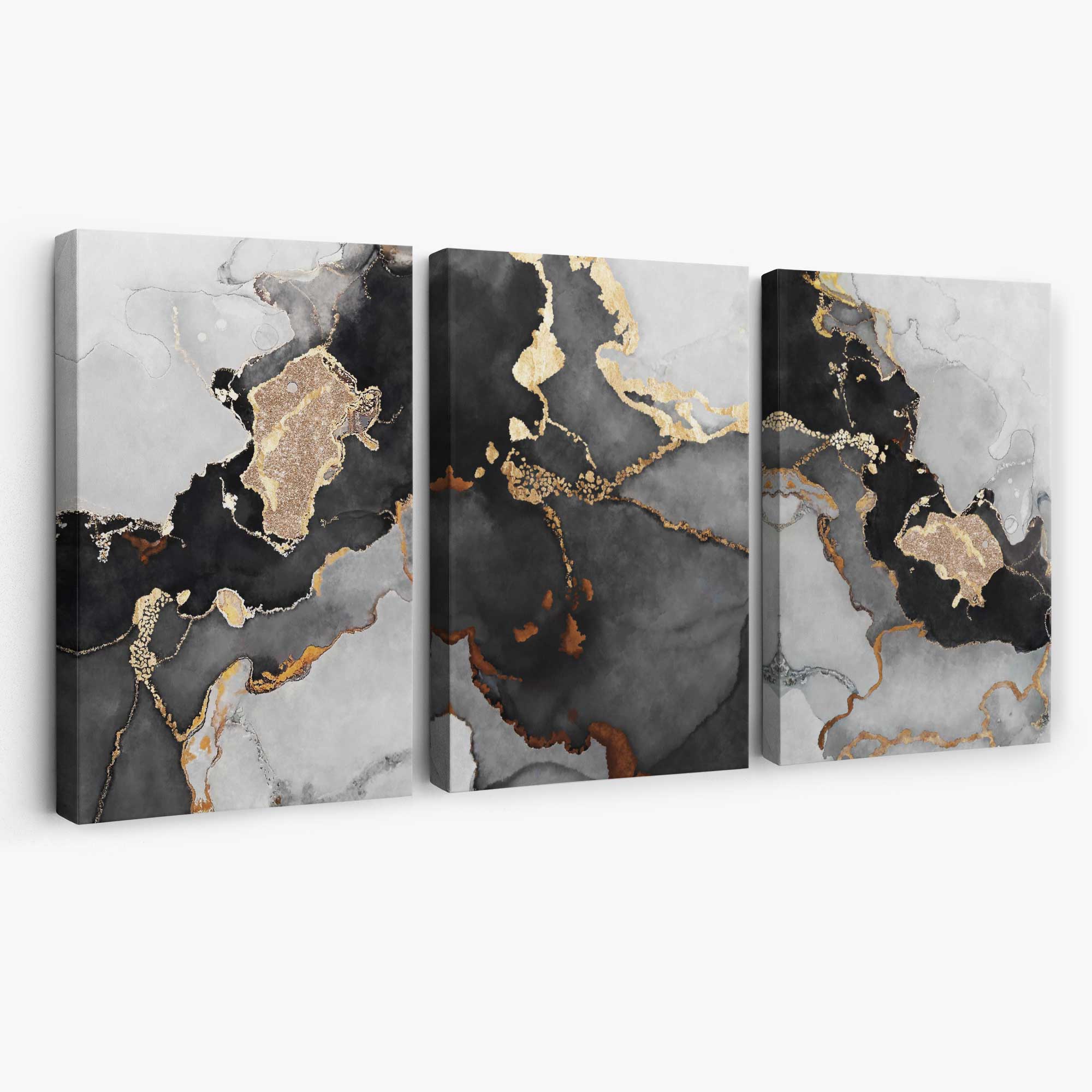 Set of 3 Abstract Marble Black, Grey and Gold Canvas Art Prints | Artze Wall Art