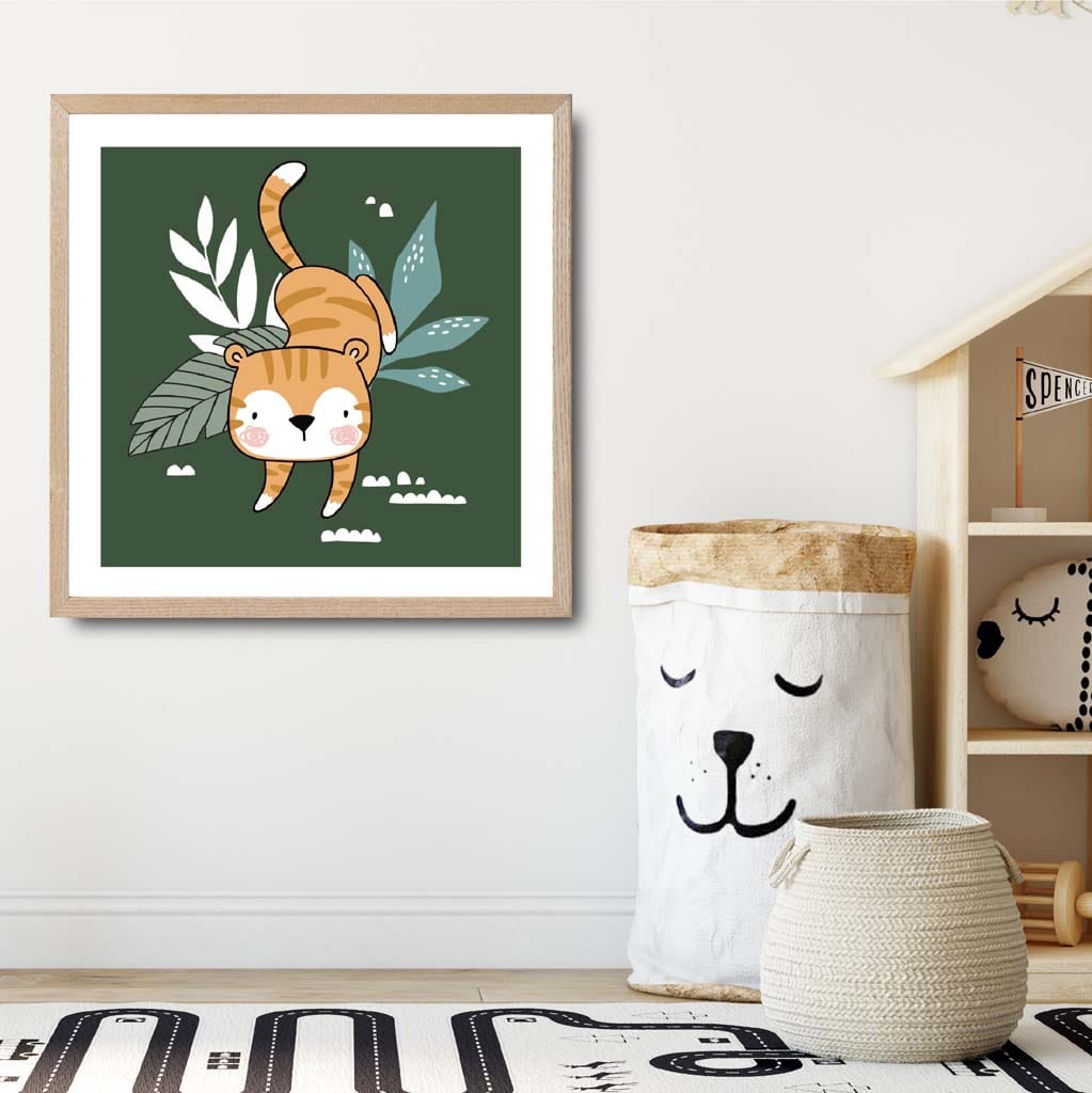 Cute Tiger Poster on Dark Green Jungle Kids Wall Art