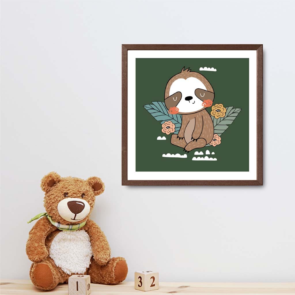 Cute Sloth Poster on Dark Green Jungle Kids Wall Art
