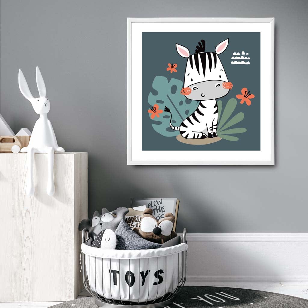 Cute Zebra Poster on Teal Blue Jungle Kids Wall Art